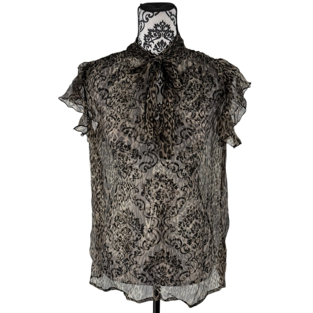Lipsy London Sheer Leopard Flutter Sleeve Pussybow Blouse Glam Y2K Top